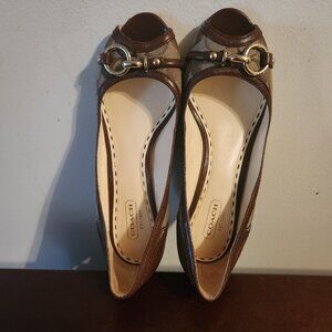 COACH women's shoes "STELLA" Beige Canvas logo print/ Brown leather 7.5M Wedges